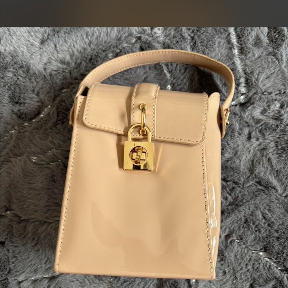 Patent Beige Top-Handle Crossbody Bag with Gold Lock